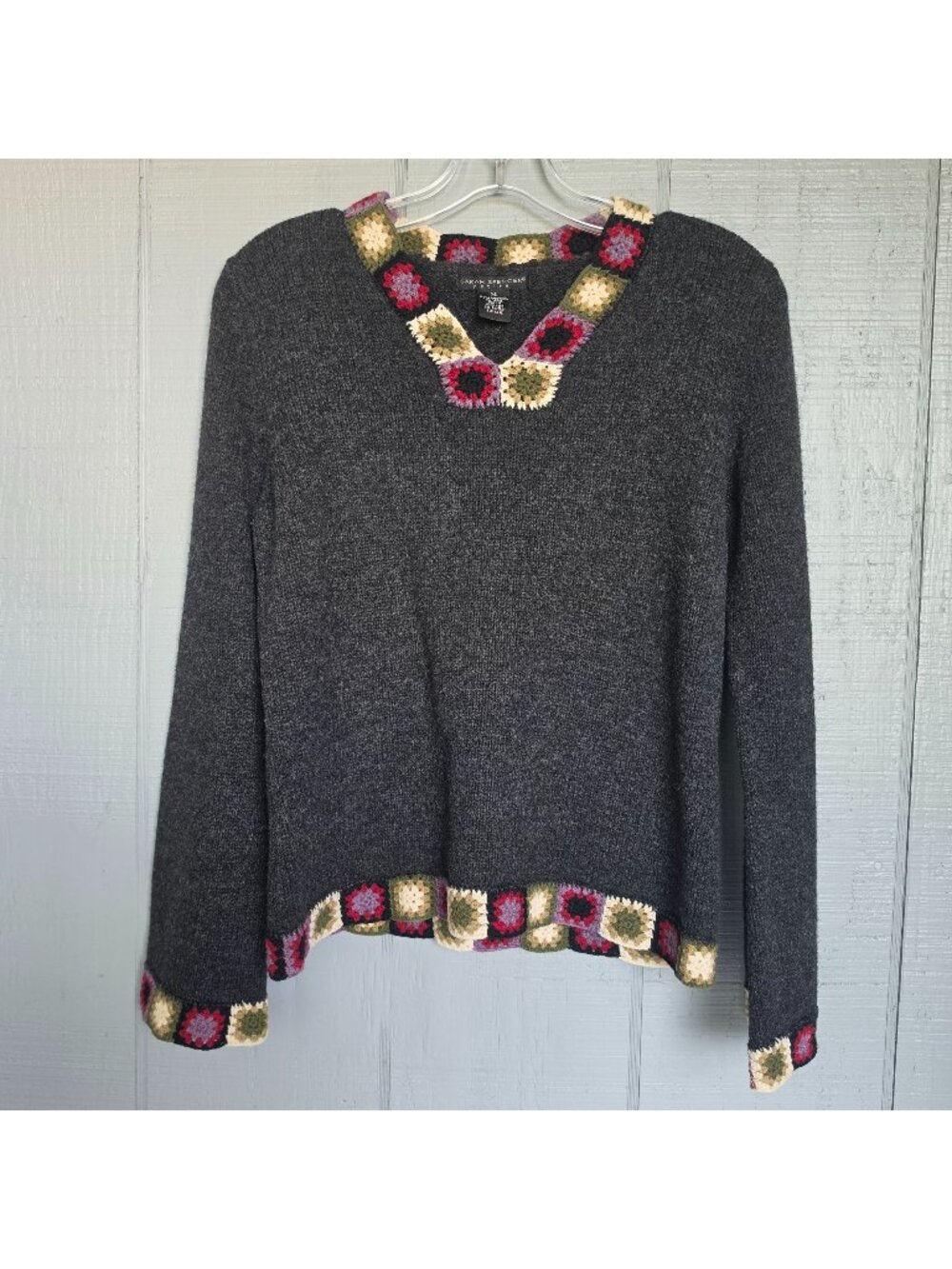 Sarah Spencer Wool Sweater PS Charcoal Crochet Granny Square Boho Layering